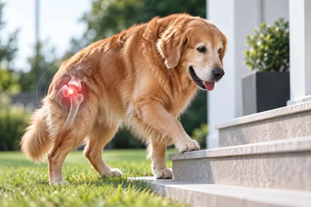 Dog with hip dysplasia and mobility problems
